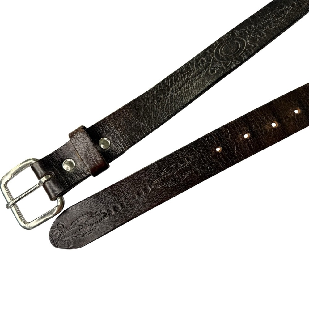 Genuine Leather Tooled Floral Belt Dark Brown Silver Buckle Men's Large Western